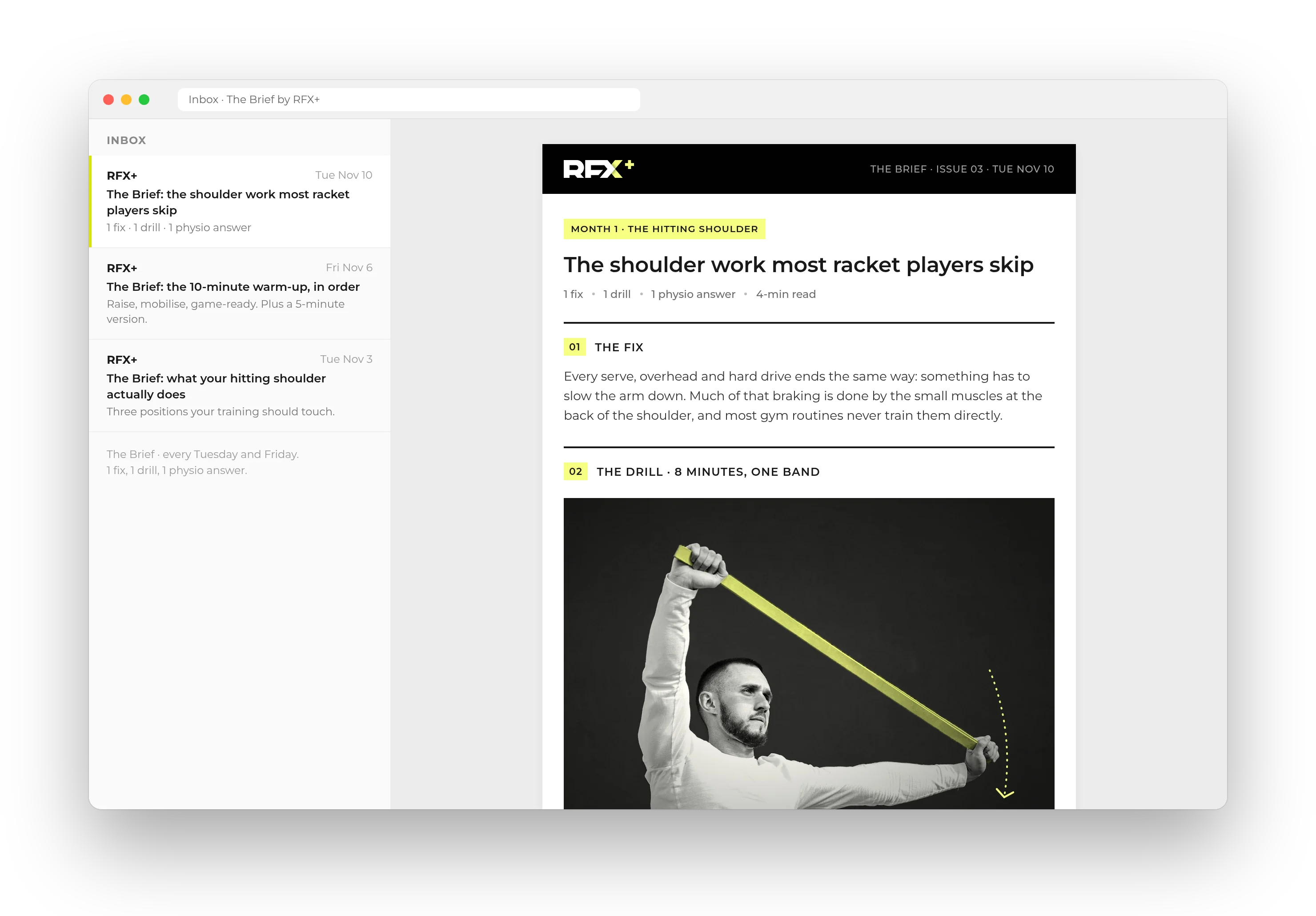 Issue 03 of The Brief open in an inbox: the fix, the drill and the physio answer