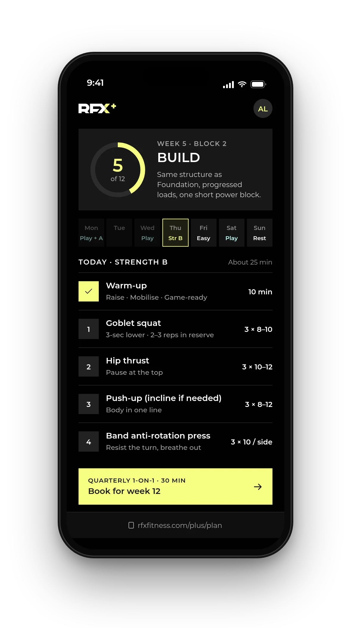 The plan on a phone: week 5 of 12, today's Strength B session